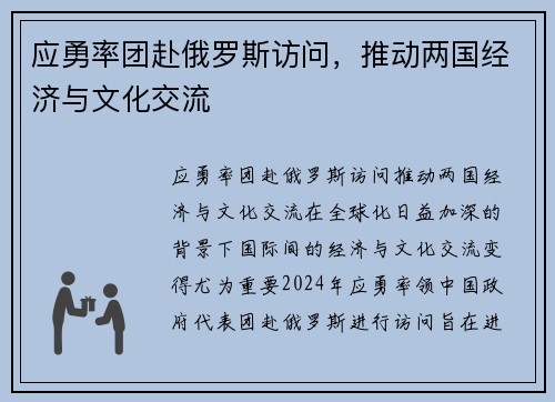 应勇率团赴俄罗斯访问，推动两国经济与文化交流