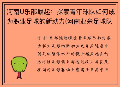 河南U乐部崛起：探索青年球队如何成为职业足球的新动力(河南业余足球队)